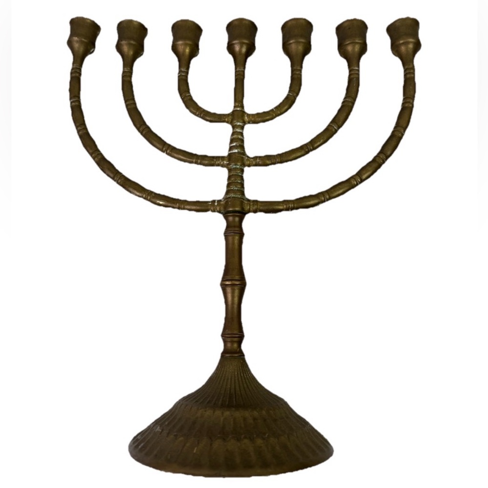 Vintage Brass 7 Branch Menorah Candelabra 11” Fluted Base Israel Temple Style